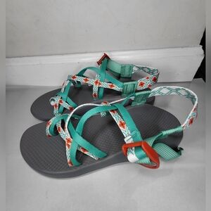 Teva Women Size 9 Teal and Gray Strappy Sandals with Orange Accents